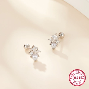 Elegant S925 sterling silver stud earrings featuring white pearls and square zircon stones