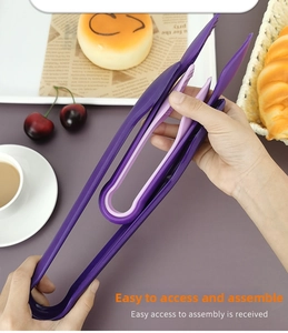 Detail showing nested purple plastic food tongs set in a kitchen breakfast scene