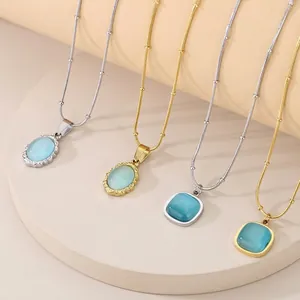 Vintage French Style Stainless Steel Necklace With Scalloped Cat Eye Stone Pendant Elegant Jewelry For Women