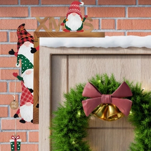 L-shaped wooden Christmas door frame decoration featuring festive gnomes and XMAS lettering