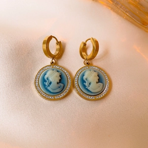 French vintage gold earrings with blue cameo portrait and shimmering crystal border