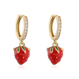 Detail of sweet strawberry drop earrings with gold hoops and sparkling zircons