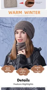 Detailed close-up of the grey knitted beanie and fleece-lined neck warmer set for winter