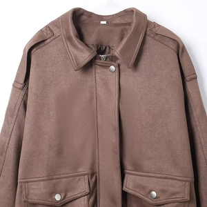 Coffee brown suede loose jacket featuring front zipper and flap pockets for women
