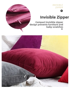Detail view of smooth invisible zipper and multi-color velvet cushion covers