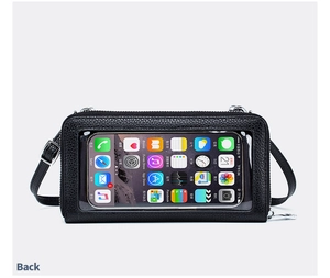 Detailed back view of mini crossbody phone bag with transparent touch screen window