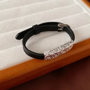 Chic black leather bracelet set with engraved square silver metal plate for women