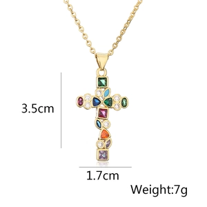 Detailed view of colorful zircon cross pendant necklace with size and weight dimensions