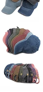 Detail of washed denim baseball caps showing metal buckles and multi-color variety