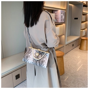 Détail du sac de soirée rétro à motif serpent avec chaîne en perles porté par un mannequin