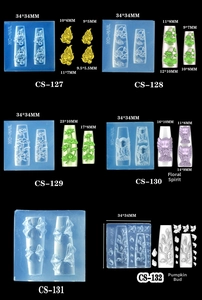 Detailed views of silicone nail art molds featuring floral and butterfly relief patterns