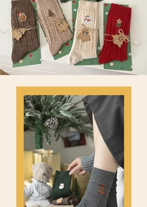 Close-up of Christmas crew socks with snowman embroidery and festive cable knit texture