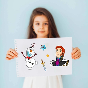 Detail of cartoon character DIY stickers featuring prince and princess themes for kids