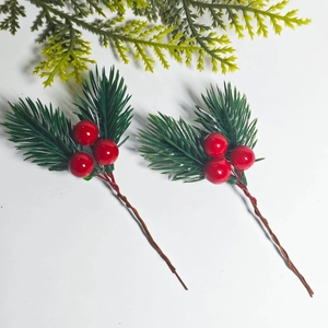 Artificial Christmas pine needles with red berries and mini pinecones for DIY holiday decor