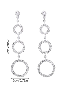 Detailed size specifications for triple circle drop earrings with rhinestones