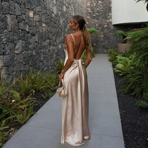 Satin Maxi Dress Backless Cowl Neck Thin Straps Elegant Champagne Gold Evening Party Satin Feel For Women