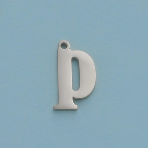 Polished silver stainless steel letter P pendant charm for jewelry making on blue backdrop