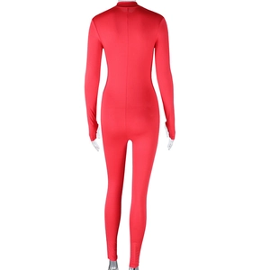 Rear view of red slim fit high neck jumpsuit with long sleeves on white background