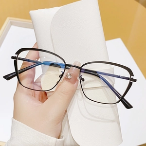 Modern cat-eye metal blue light glasses for women with retro black geometric frames