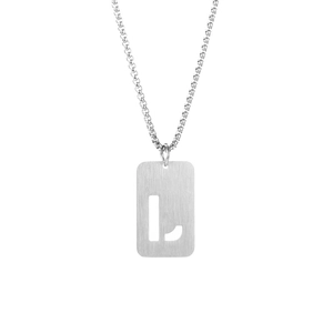 Macro detail of silver titanium steel military tag pendant with hollow letter L on box chain