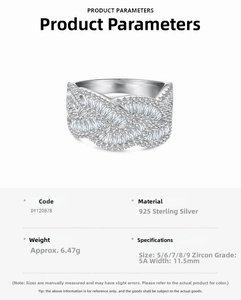 Detailed spec sheet showing S925 sterling silver wide band ring with 5A zircons