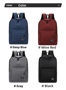 Detail view of large capacity men's backpacks in navy, burgundy, grey, and black colors