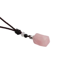 Irregular pink crystal perfume bottle pendant necklace with brown braided rope