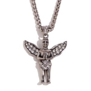 Polished silver angel pendant necklace with crystal wings on a thick woven chain