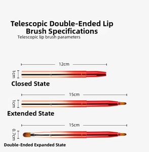 Dual-head retractable lip brush in red gold showing closed and extended size dimensions