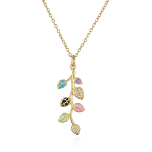 Macro detail of leaf pendant featuring colorful enamel and sparkling zirconia crystals