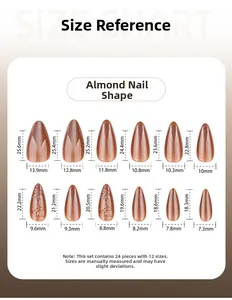 Size chart showing 24pcs almond press-on nails in 12 sizes with brown cat-eye 3D rose design