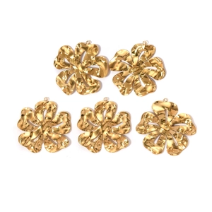 Five 18K gold-plated stainless steel flower pendants with vintage hammered texture and loops