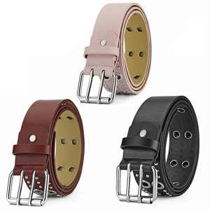 Punk style leather belts with double grommets and silver buckles in pink brown and black