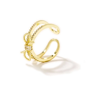Elegant gold bow-knot open ring featuring sparkling white cubic zirconia in double-layer band