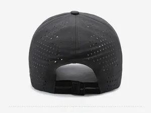 Rear view of dark grey quick-dry baseball cap with laser-cut breathability holes