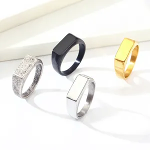 Stainless Steel Signet Ring Minimalist Polished Matte Antique Finish Geometric Rectangular Flat Top Jewelry For Men Women