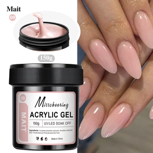 Detailed view of 150g soft pink acrylic gel jar and natural nail extension result