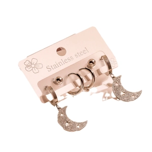 Silver stainless steel earring set with ball studs, hoops, and moon star charms