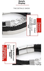 Detail of multi-layer woven leather bracelet with stainless steel magnetic buckle and knot