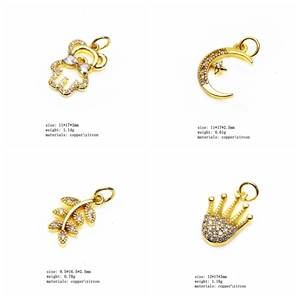 Detail view of gold-plated copper charms with micro-pave cubic zirconia in four shapes