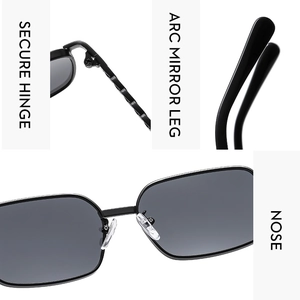 Detailed views of square sunglasses featuring secure hinges, arc legs and nose pads
