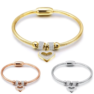 Heart Pendant Snake Bone Chain Bracelet Titanium Steel Rhinestone Magnetic Clasp Minimalist Jewelry For Women