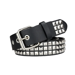Punk black leather belt with three rows of silver square rivets and a metal pin buckle