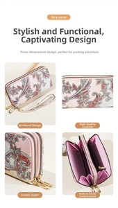 Detail of pink paisley leather wallet featuring dual zippers and spacious interior slots