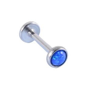 Flat back stainless steel lip stud featuring a round blue opal stone inlay
