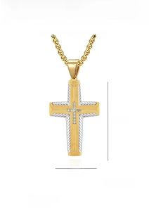 Detail showing two-tone cross pendant dimensions 41mm by 25mm in high-quality steel