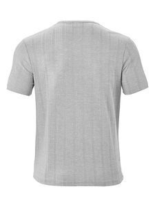 Macro shot of grey men's V-neck t-shirt featuring textured waffle knit fabric details