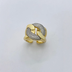 Adjustable wide gold plated ring featuring smooth links and micro-paved cubic zirconia