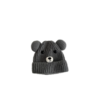 Bonnet en tricot chaud pour enfants avec oreilles d'ours et visage en gris foncé