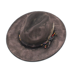 Detail of dark brown wool fedora featuring distressed texture and feather ribbon trim